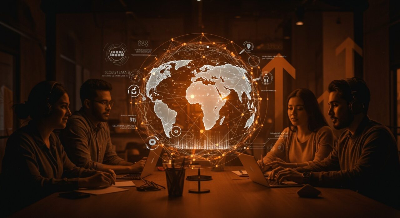 Fundadores de startups latinas trabajando en red global, simbolizando la internacionalización, innovación y calidad artesanal en el emprendimiento tecnológico.