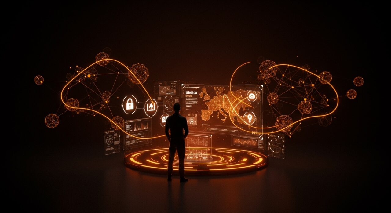 Figura tecnológica frente a interfaz digital futurista simbolizando Internxt AI y su enfoque en IA ética, privacidad y soberanía digital.