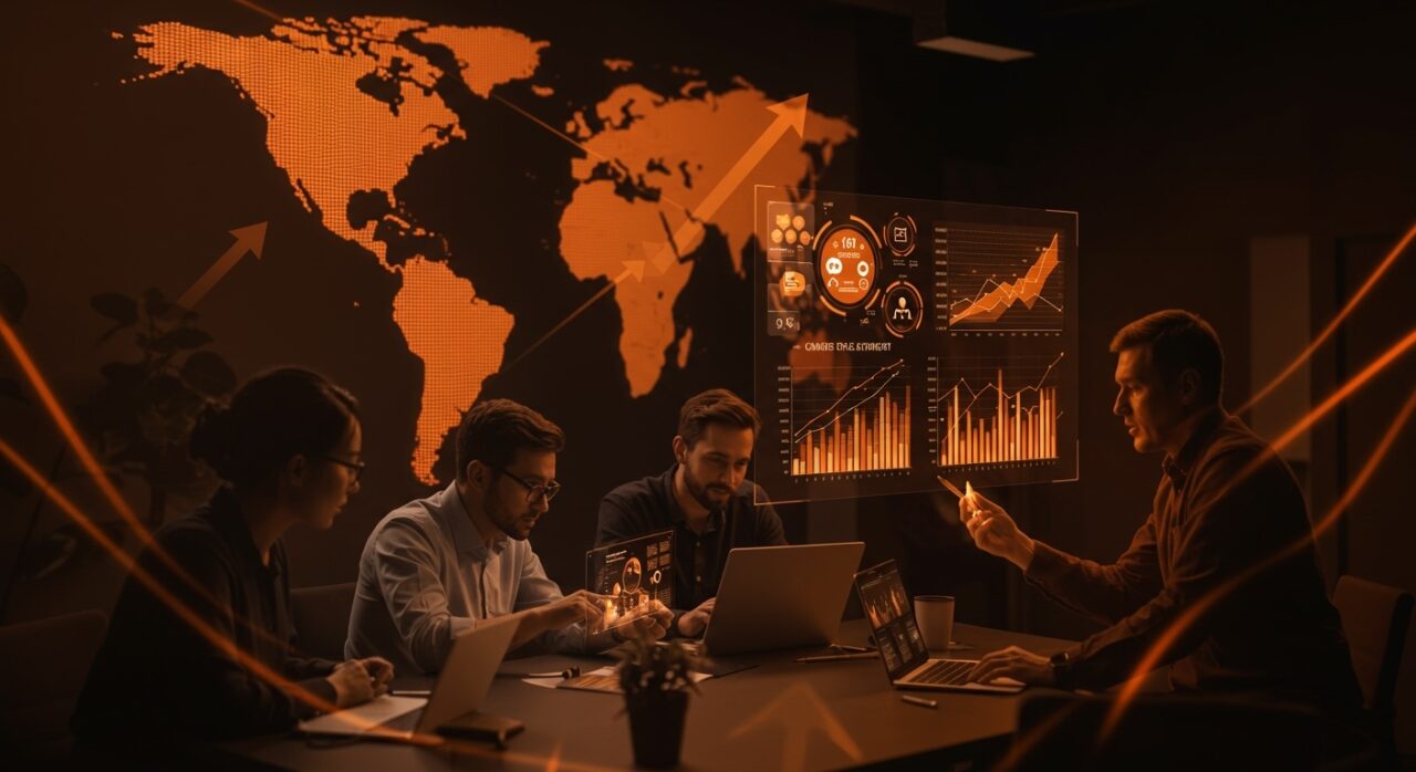 Emprendedores fintech y startups en América Latina trabajando con datos digitales y visualizaciones que representan inversiones y tendencias en 2026.