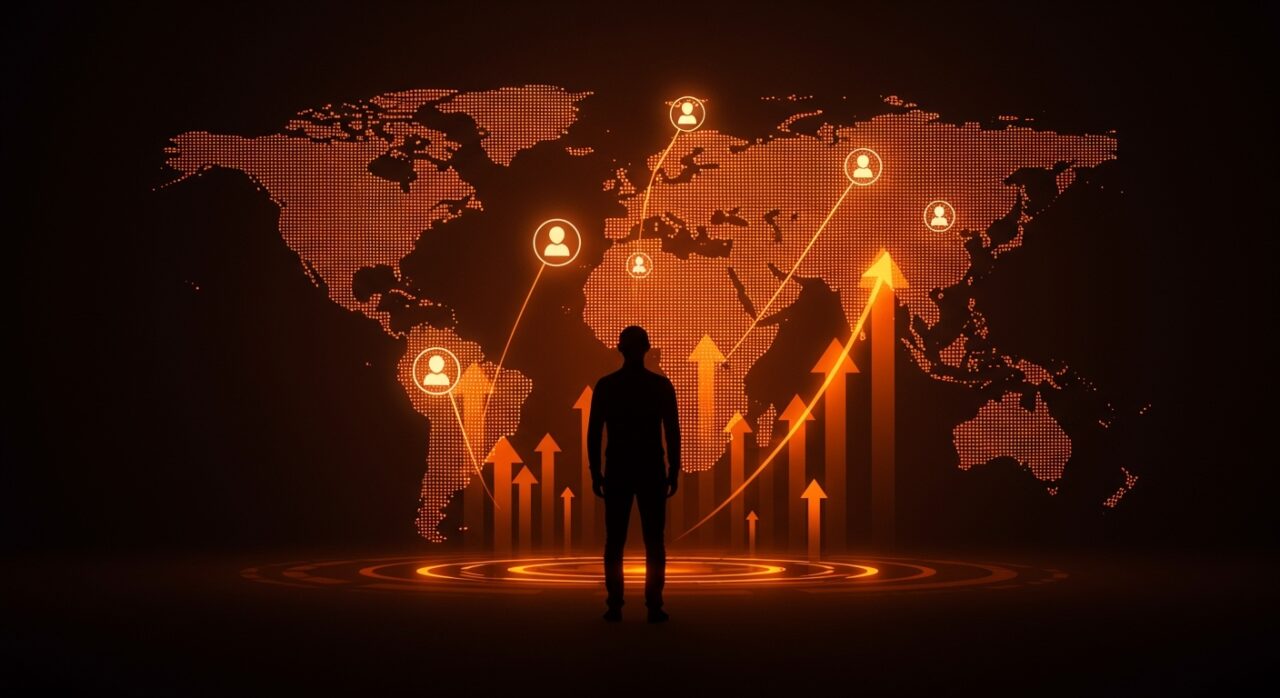 Inversión en startups tecnológicas globales con fundador visionario y red digital que representa alianzas estratégicas y crecimiento escalable.