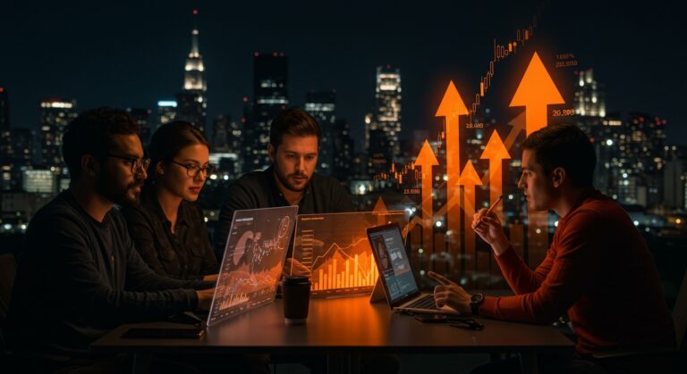 Startups LATAM analizando IPO y financiamiento con gráficos digitales y símbolos de expansión internacional en el mercado estadounidense.