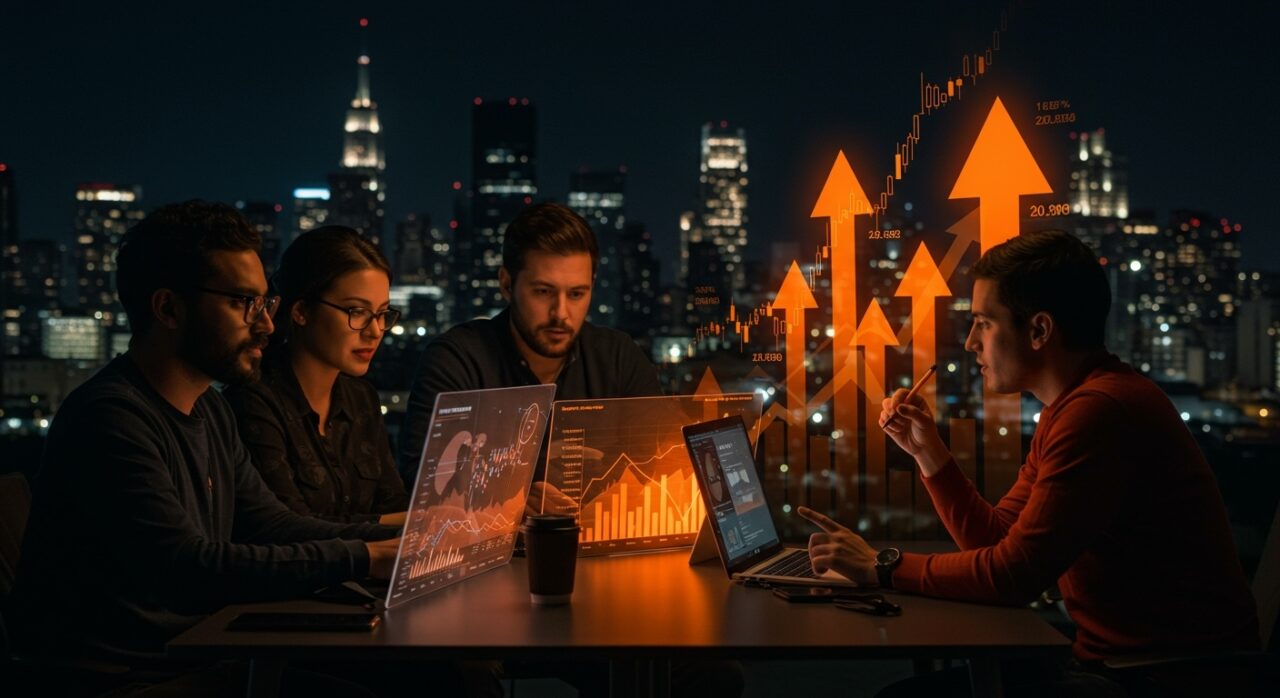 Startups LATAM analizando IPO y financiamiento con gráficos digitales y símbolos de expansión internacional en el mercado estadounidense.