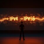 Fundador de startup tecnológica frente a visualizaciones digitales que representan la transición de IPv4 a IPv6 y sus beneficios en redes avanzadas.