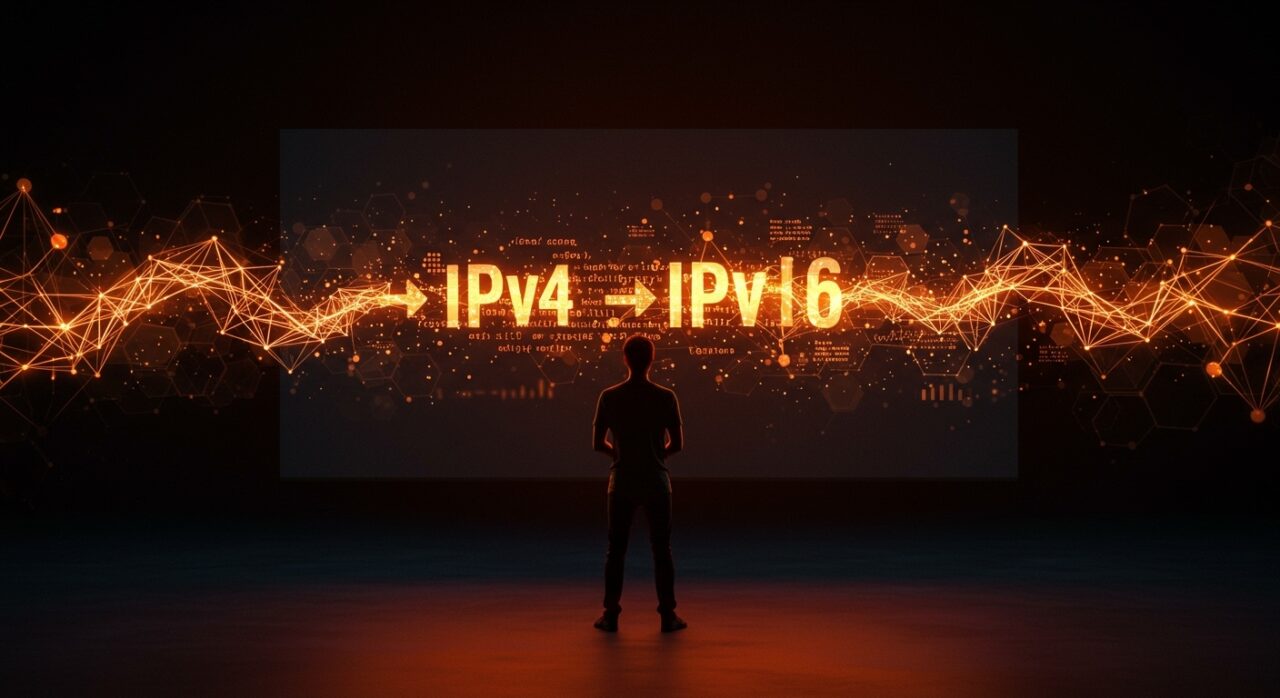 Fundador de startup tecnológica frente a visualizaciones digitales que representan la transición de IPv4 a IPv6 y sus beneficios en redes avanzadas.
