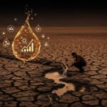 Crisis hídrica en Irán ilustrada con suelo seco y un innovador analizando recursos de agua como símbolo de sostenibilidad y gestión hídrica.