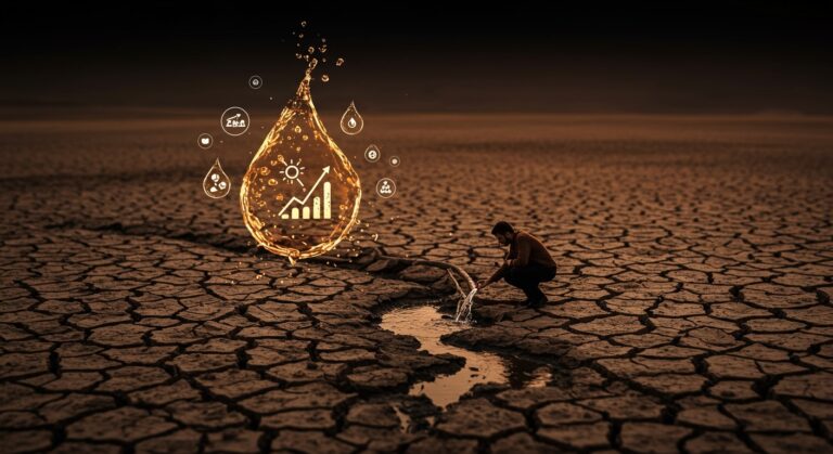 Crisis hídrica en Irán ilustrada con suelo seco y un innovador analizando recursos de agua como símbolo de sostenibilidad y gestión hídrica.
