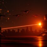 Sistema láser Iron Beam interceptando drones con tecnología avanzada de defensa israelí en una escena futurista.