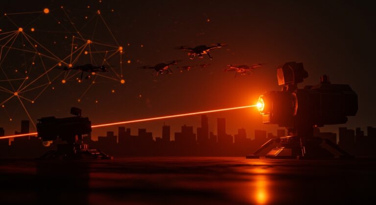 Sistema láser Iron Beam interceptando drones con tecnología avanzada de defensa israelí en una escena futurista.