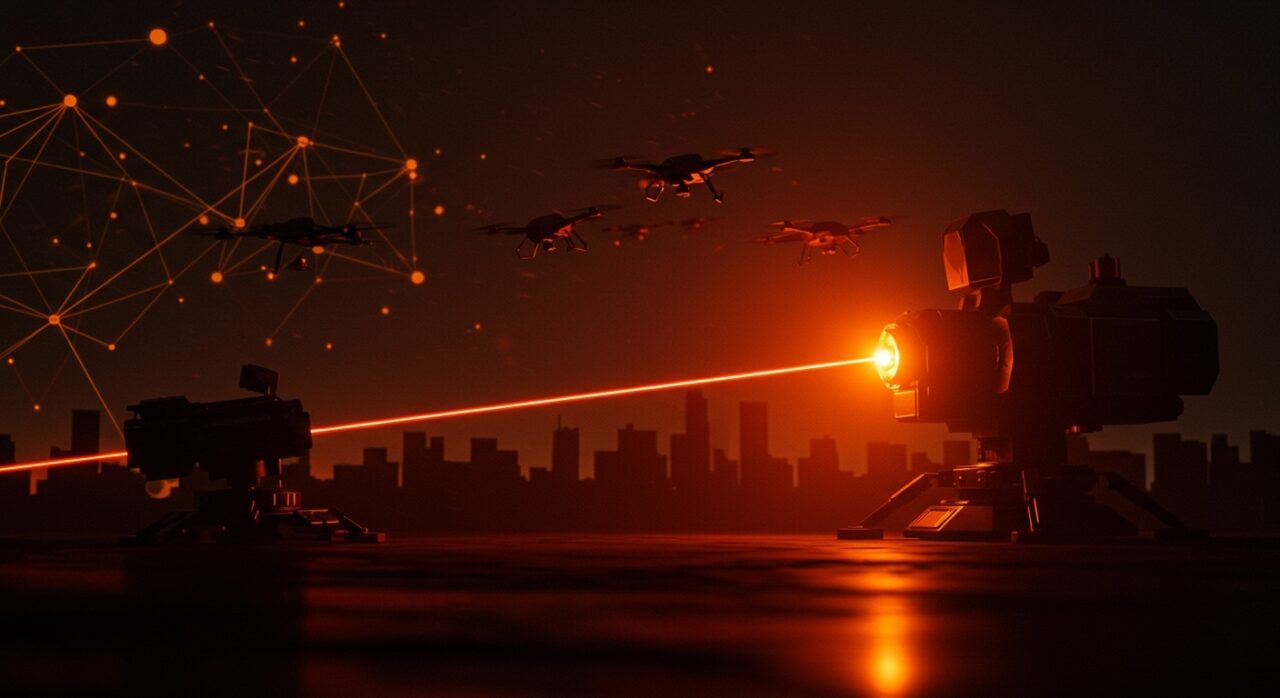 Sistema láser Iron Beam interceptando drones con tecnología avanzada de defensa israelí en una escena futurista.