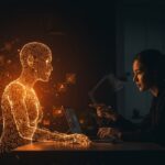 Supervisión humana y automatización en inteligencia artificial representadas en escena editorial con paleta naranja y negro destacando la interacción y formación continua en startups.