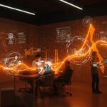 Innovación minera y emprendimiento en Antofagasta representados por emprendedores trabajando con tecnología avanzada en un ecosistema regional brillante en tonos naranja y negro.