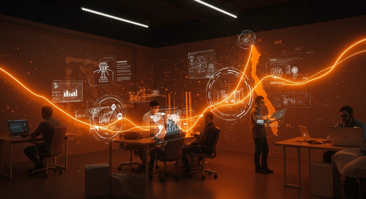 Innovación minera y emprendimiento en Antofagasta representados por emprendedores trabajando con tecnología avanzada en un ecosistema regional brillante en tonos naranja y negro.