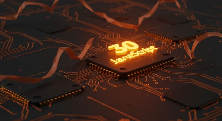 Logotipo de JavaScript brillante representando 30 años de legado en desarrollo web e innovación tecnológica para startups.