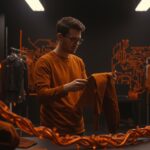 Startup española innovadora en moda sostenible y técnica mostrando prototipos en un estudio moderno y tecnológico.