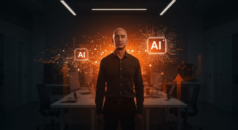Jeff Bezos liderando startup de inteligencia artificial con metáforas visuales de innovación tecnológica y tendencias en el ecosistema startup.