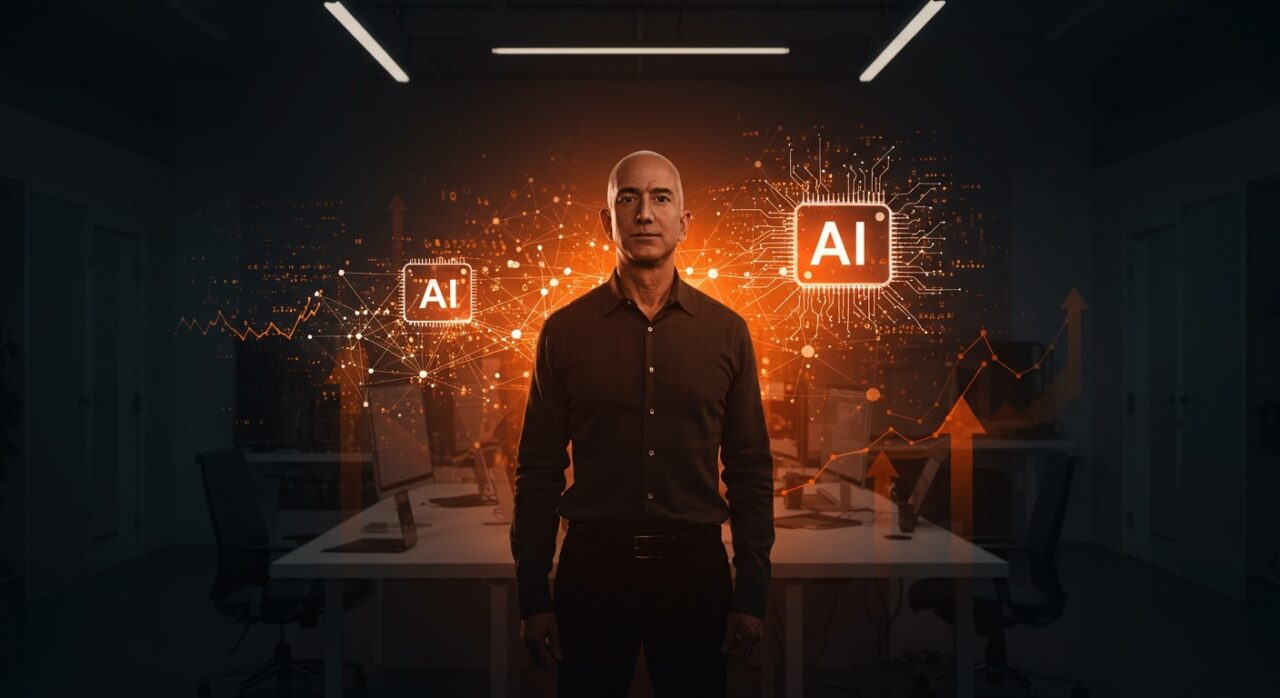 Jeff Bezos liderando startup de inteligencia artificial con metáforas visuales de innovación tecnológica y tendencias en el ecosistema startup.