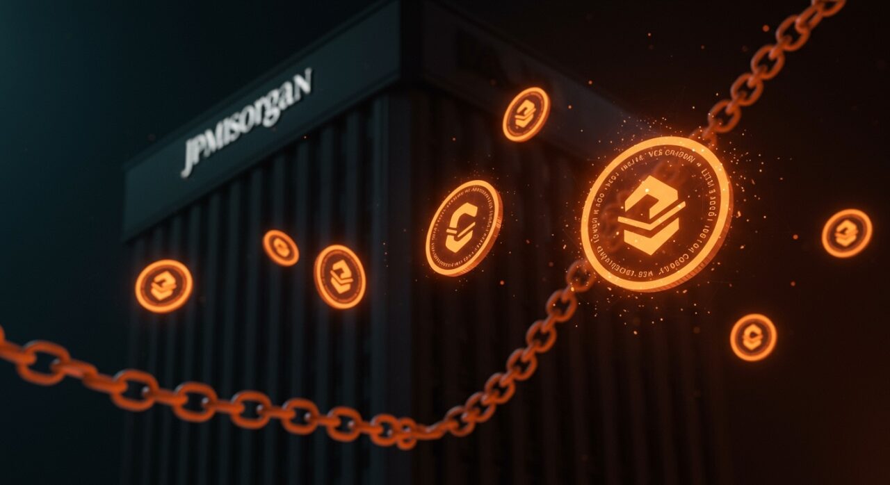 JPMorgan congelando cuentas de startups fintech de stablecoins en Latinoamérica, simbolizando riesgos regulatorios y sanciones financieras en criptomonedas.