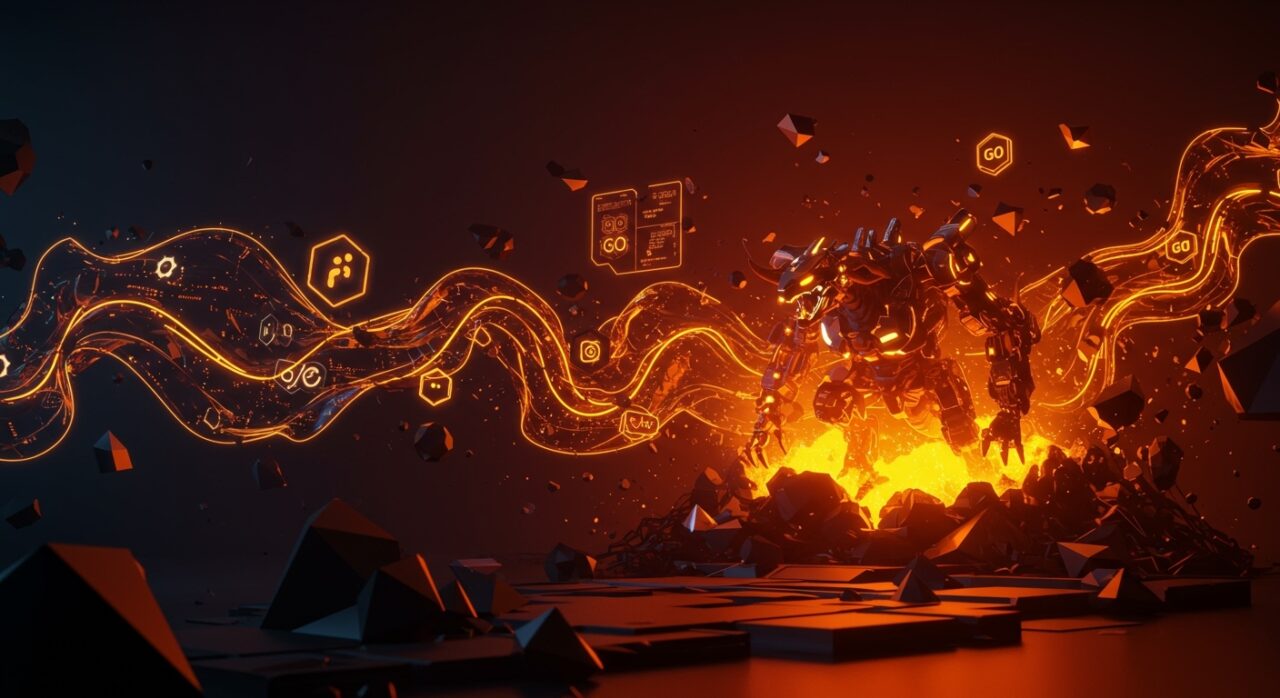 Motor de juegos Kaiju en Go y Vulkan representado como una criatura mecánica en un entorno digital de alto rendimiento con gráficos volumétricos en naranja y negro.