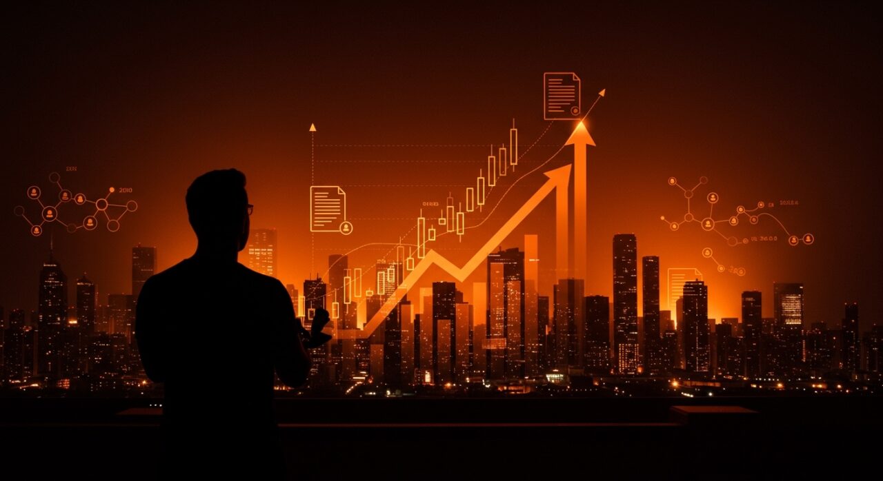 Fundador destacado con gráficos de crecimiento y símbolos de mercados de predicción, resaltando la ronda récord y financiación de Kalshi en ecosistema startup tech LATAM.