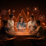 Modelo de educación científica con IA de Lab4U galardonado internacionalmente, representado por educadores interactuando con tecnología avanzada en paleta naranja y negro.