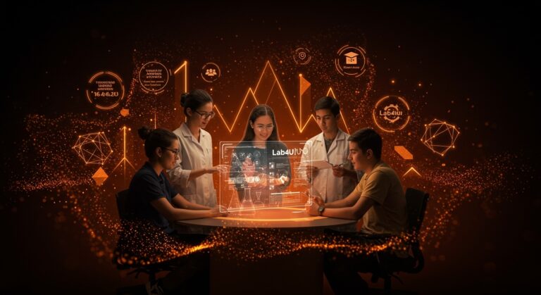 Modelo de educación científica con IA de Lab4U galardonado internacionalmente, representado por educadores interactuando con tecnología avanzada en paleta naranja y negro.