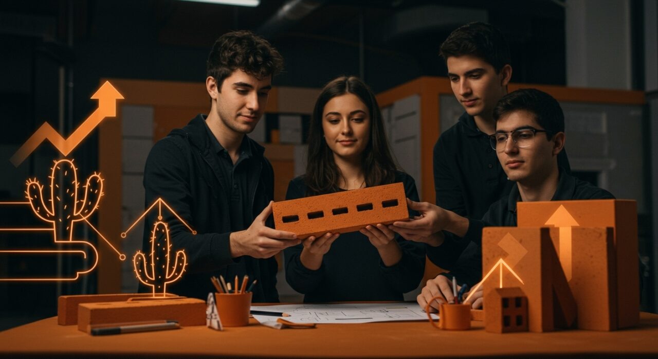 Ladrillo ecológico innovador de estudiantes UTP hecho con papel reciclado y mucílago de tuna, representando emprendimiento y construcción sostenible.