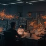 Equipo de ingenieros de inteligencia artificial y open source trabajando en desarrollo de LLM y tecnología startup en Berlín con ambiente futurista.