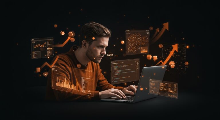 Rust GUI developer trabajando con widgets digitales en un entorno moderno que representa el lanzamiento de iced 0.14 para desarrollo SaaS.