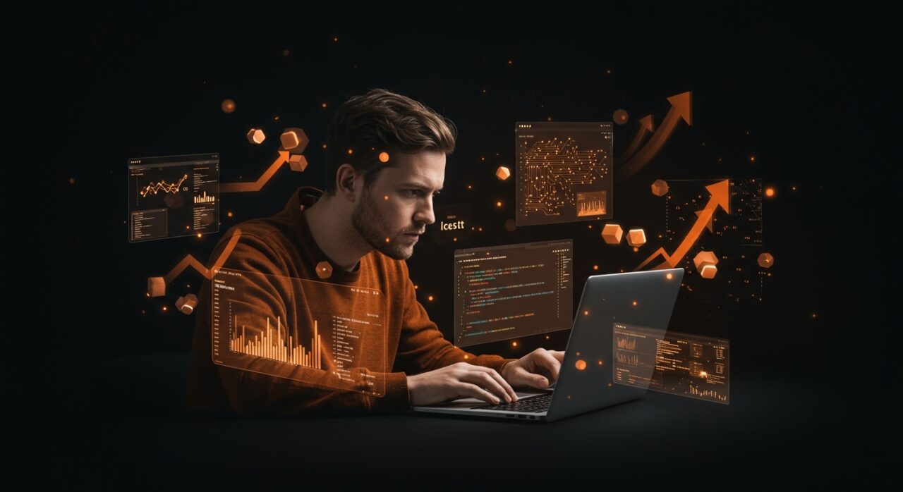 Rust GUI developer trabajando con widgets digitales en un entorno moderno que representa el lanzamiento de iced 0.14 para desarrollo SaaS.
