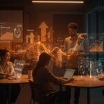 Startups fintech y proptech colaborando en un espacio moderno con visualizaciones digitales que representan tendencias del ecosistema startup en Disrupt 2025.