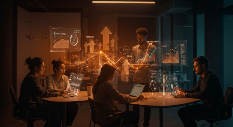 Startups fintech y proptech colaborando en un espacio moderno con visualizaciones digitales que representan tendencias del ecosistema startup en Disrupt 2025.