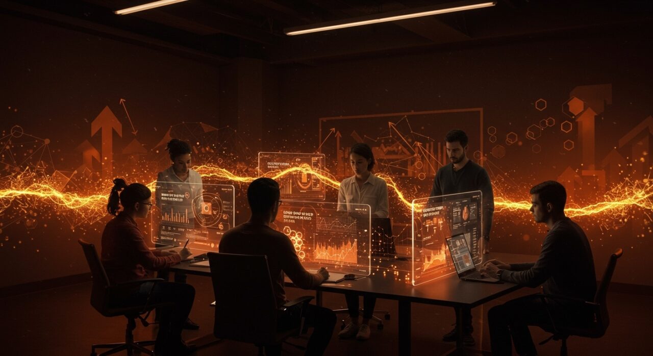 Destacadas startups de tecnología empresarial colaborando en un entorno futurista con métricas holográficas, representando innovación y tendencias en Disrupt 2025.