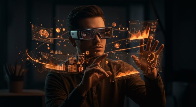 Founder tech con smart glasses analizando hologramas digitales, destacando innovación y tendencias en tecnología wearable para 2025.