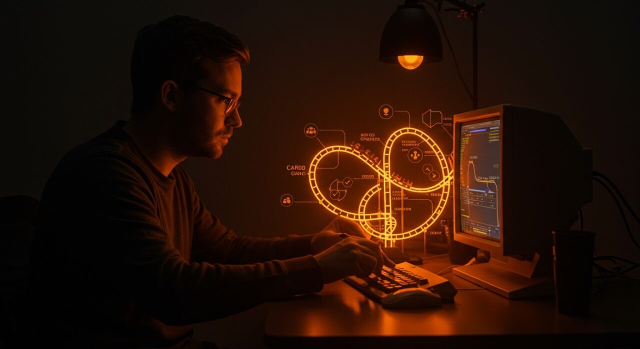 Chris Sawyer creando RollerCoaster Tycoon destacando innovación tecnológica y diseño de producto en el desarrollo de juegos.