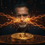 Retrato de Mark Karpelès con un Bitcoin digital fragmentado y simbolismo de seguridad y resiliencia en startups de criptomonedas.