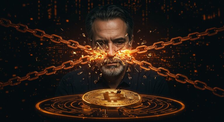 Retrato de Mark Karpelès con un Bitcoin digital fragmentado y simbolismo de seguridad y resiliencia en startups de criptomonedas.