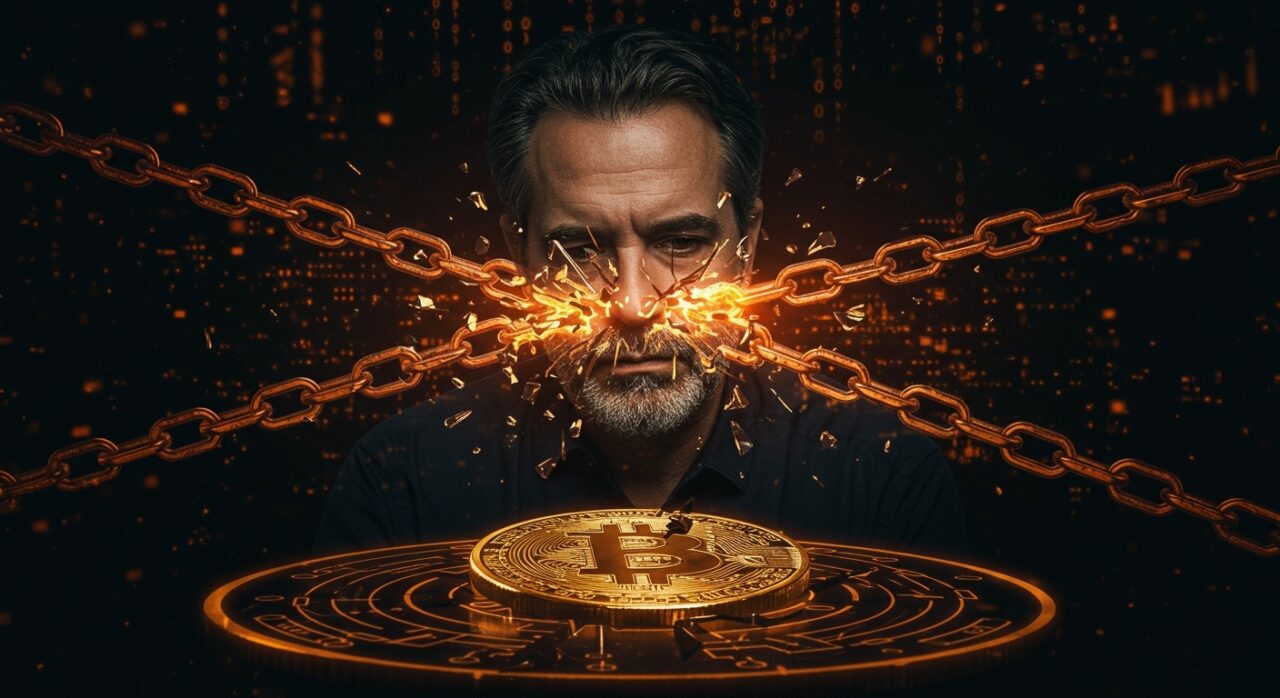 Retrato de Mark Karpelès con un Bitcoin digital fragmentado y simbolismo de seguridad y resiliencia en startups de criptomonedas.