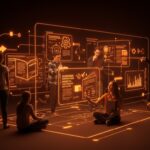 Comunidad tech colaborando y compartiendo lecturas y tendencias clave para startups en LATAM en 2025 con visuales tecnológicos en tonos naranja y negro.
