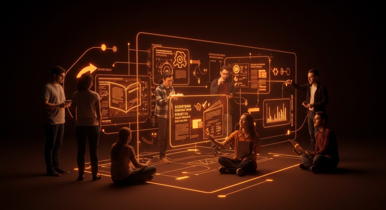 Comunidad tech colaborando y compartiendo lecturas y tendencias clave para startups en LATAM en 2025 con visuales tecnológicos en tonos naranja y negro.