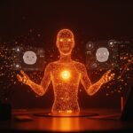 Avatares digitales de IA interactuando con chatbots en un entorno futurista, simbolizando inversión y tecnología digital en startups.