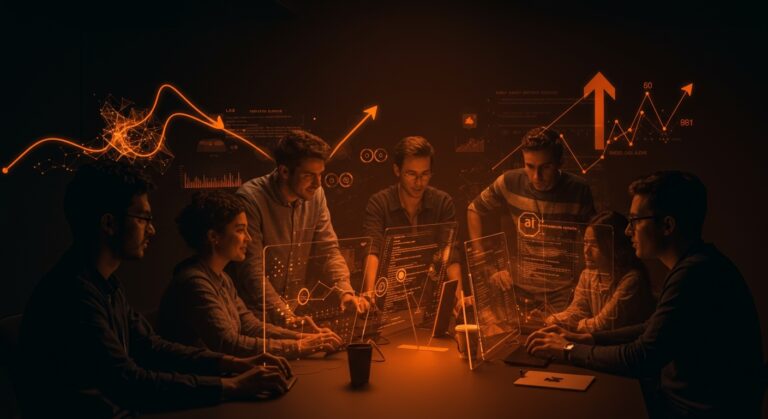 Equipo de startup tech colaborando con mentoría y visualizaciones de inteligencia artificial, reflejando el impacto real de LLMs en LATAM.