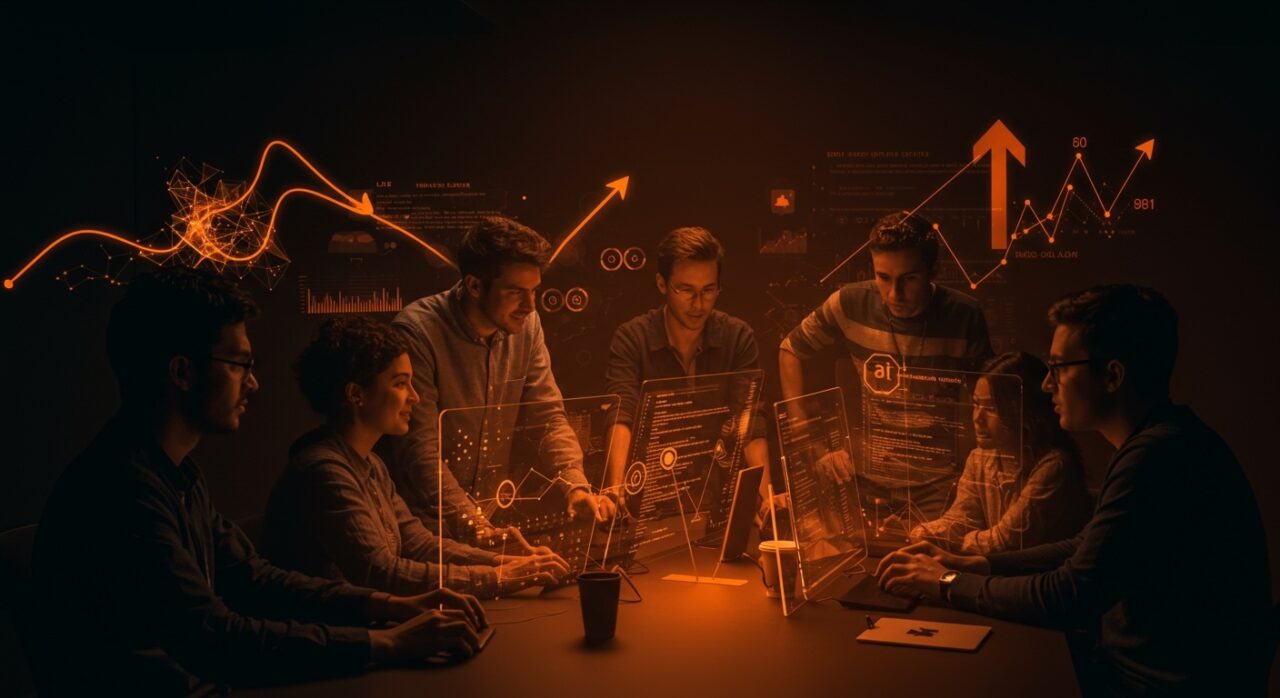 Equipo de startup tech colaborando con mentoría y visualizaciones de inteligencia artificial, reflejando el impacto real de LLMs en LATAM.