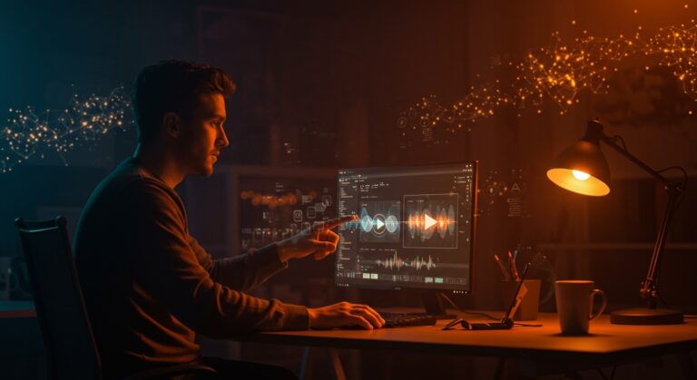 Founder tecnológico utilizando inteligencia artificial para generación avanzada de video con Luma AI Dream Machine en ambiente de startup.