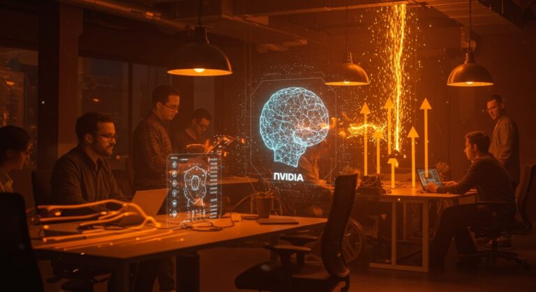 Equipo de startup colaborando en Londres con modelos de inteligencia artificial multimodal y símbolos de expansión y funding récord apoyados por Nvidia.