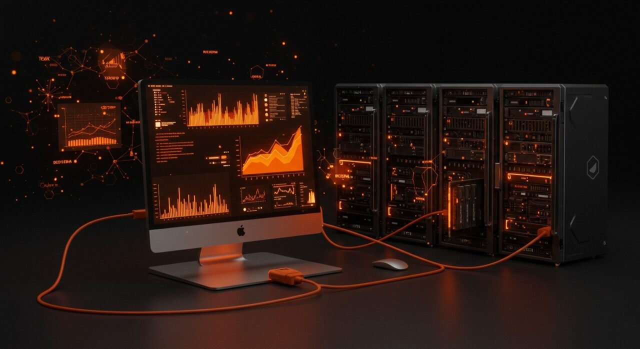 Mac Studio con Thunderbolt 5 y RDMA en entorno tecnológico, representando hardware avanzado para IA aplicada en startups.