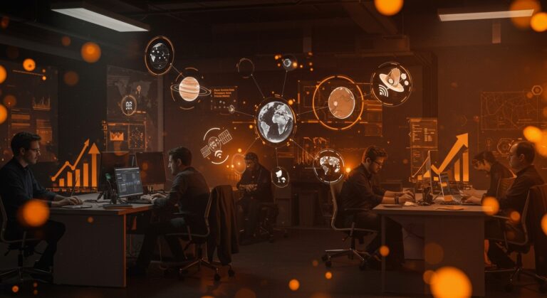 Startup tecnológica en Madrid liderando la industria espacial con innovación y emprendimiento en un entorno colaborativo de alta tecnología.