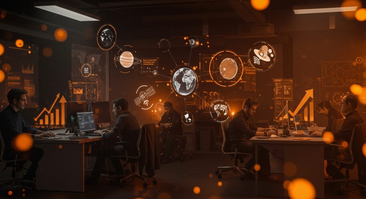 Startup tecnológica en Madrid liderando la industria espacial con innovación y emprendimiento en un entorno colaborativo de alta tecnología.