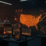 Mapa detallado de emisiones de carbono en EE.UU. con visualizaciones digitales en tonos naranja y negro, ilustrando innovación en sostenibilidad y monitoreo ambiental.