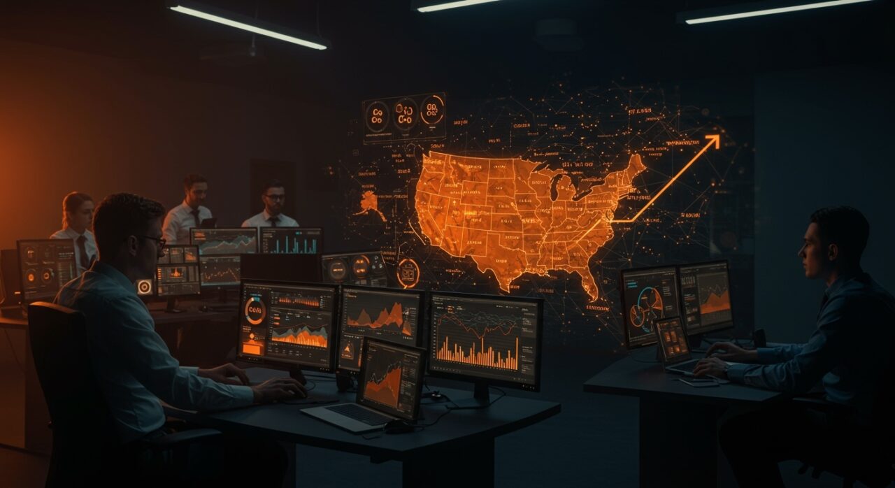 Mapa detallado de emisiones de carbono en EE.UU. con visualizaciones digitales en tonos naranja y negro, ilustrando innovación en sostenibilidad y monitoreo ambiental.