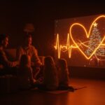 Marketing emocional en publicidad navideña de retail mostrando una familia conectada alrededor de animación inspiradora y branding humano.